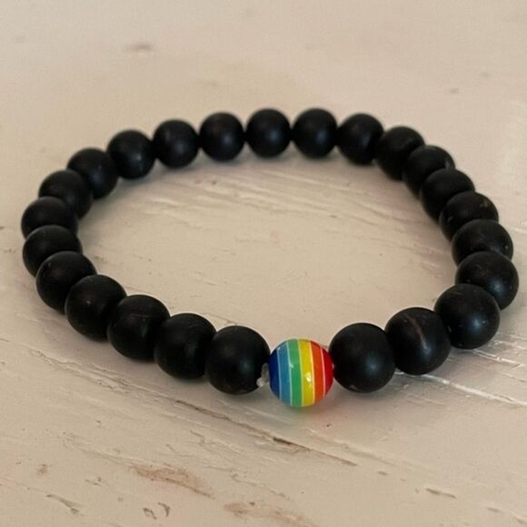 Stackable opaque black ebony beaded stretch bracelet w/LGBTQ+ bead - Picture 1 of 11